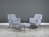 Lysberg Hansen & Terp, Rare ensemble de deux fauteuils et un tabouret, A rare labeled set of two armchairs and one stool in brass and fabric by Lysberg Hansen & Terp