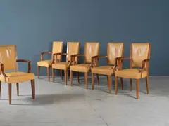 Eugène Printz, Suite de six fauteuils, A set of six armchairs in mahogany wood and leather by Eugène Printz for the decoration of a private house designed in 1946