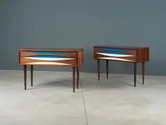 Paire de chevets by Niels Clausen, A pair of bedside tables in rosewood and lacquered wood by Niels Clausen circa 1960, sold May 2023