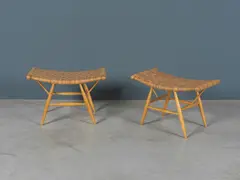 Rare paire de tabourets pour Rauma-Repola Company by Ilmari Tapiovaara, A rare pair of stools in birch wood and cane made for Rauma-Repola Company by Ilmari Tapiovaara designed in 1955, sold May 2023
