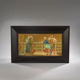 'Infant', first panel from a series the 'Seven Ages of Man' by Henry Stacy Marks, R.A., For Mintons Art-Pottery Studio Kensington Gore, circa 1872-1873, Ceramic panel, decorated over glaze in colours with figures in medieval dress, on a glazed and gilt ground, sold Dec 2023
