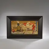 'Schoolboy', second panel from a series the 'Seven Ages of Man' by Henry Stacy Marks For Mintons Art-Pottery Studio Kensington Gore, circa 1872-1873, Ceramic panel, decorated over glaze in colours with figures in medieval dress, on a glazed and gilt ground, sold Dec 2023