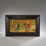 'Justice', fifth panel from a series the 'Seven Ages of Man' by Henry Stacy Marks For Mintons Art-Pottery Studio Kensington Gore, circa 1872-1873, Ceramic panel, decorated over glaze in colours with figures in medieval dress, on a glazed and gilt ground, sold Dec 2023