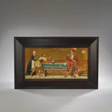 'Soldier', fourth panel from a series the 'Seven Ages of Man' by Henry Stacy Marks For Mintons Art-Pottery Studio Kensington Gore, 1872, Ceramic panel, decorated over glaze in colours with figures in medieval dress, on a glazed and gilt ground, sold Dec 2023