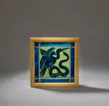 William De Morgan, 'Bird and eel' tile, circa 1890, Earthenware, blue glaze on a celadon ground
