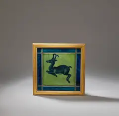 'Antelope' tile by William De Morgan, circa 1890, Earthenware, blue glaze on a celadon ground, sold Dec 2023