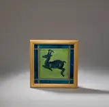 William De Morgan, 'Antelope' tile, circa 1890, Earthenware, blue glaze on a celadon ground