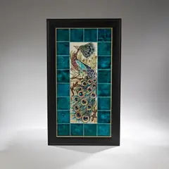 William De Morgan, 'Peacock' tile panel, circa 1890, Three six-inch tiles forming the main panel, decorated in colours and glazed with a peacock perched on a wall