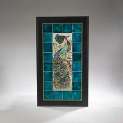 William De Morgan, 'Peacock' tile panel, circa 1890, Three six-inch tiles forming the main panel, decorated in colours and glazed with a peacock perched on a wall