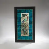 William De Morgan, 'Peacock' tile panel, circa 1890, Three six-inch tiles forming the main panel, decorated in colours and glazed with a peacock perched on a wall