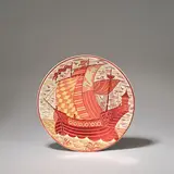 'Galleon' charger by William De Morgan, circa 1890, Earthenware, ruby and gold lustre glazes, sold Dec 2023