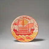 'Galleon' charger by William De Morgan, circa 1890, Earthenware, ruby and gold lustre glazes, sold Dec 2023