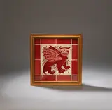 Winged creature tile by William De Morgan, circa 1885, Earthenware, ruby lustre on white glaze, sold Dec 2023