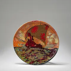 Flambé charger by Bernard Moore, circa 1910, Porcelain, colourfully decorated with a Viking ship in full sail on choppy seas, the foaming waves heightened in shallow, sold Dec 2023