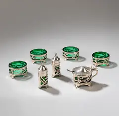 William Davenport, Art Nouveau cruet set, 1904, Silver with green glass liners, comprising