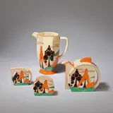 Clarice Cliff, Four pieces of 'Trees & House (Alpine) - Fantasque', 1929-1931, Glazed earthenware, orange colourway