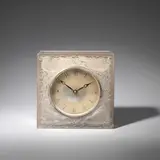 'Quatre Moineaux du Japon' mantel clock, designed 1928 by René Lalique, Clear glass, frosted and polished, sold Dec 2023