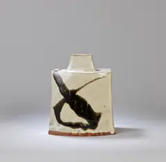 Shoji Hamada, Large curved bottle vase, Stoneware, white slip with transparent glaze, iron painted stem-leaf motifs