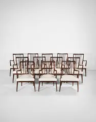 Andrew John Milne, Set of twelve dining chairs, designed circa 1953, Brazilian rosewood, fabric upholstery