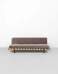 Untitled by T. H. Robsjohn-Gibbings, Walnut, fabric upholstery, original canvas webbing, sold Oct 2023