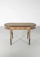 Eugène Printz, Desk, commissioned by Maître Durand-Villette, 5 rue Cognacq-Jay, Paris, 1942, Limed oak, brass, patinated wrought iron