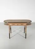 Eugène Printz, Desk, commissioned by Maître Durand-Villette, 5 rue Cognacq-Jay, Paris, 1942, Limed oak, brass, patinated wrought iron