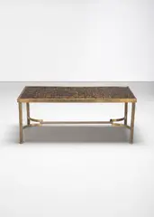 Coffee table, commissioned by Maître Durand-Villette, 5 rue Cognacq-Jay, Paris by Eugène Printz, 1942, Brass, veneered wood, sold Oct 2023