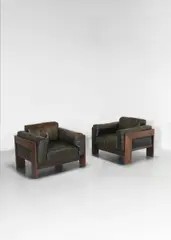 Pair of 'Bastiano' lounge chairs, designed 1962 by Tobia Scarpa, Padauk, leather cushions, brass, sold Oct 2023