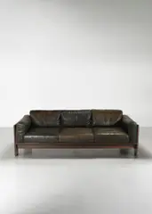 'Bastiano' three-seater sofa, designed 1962 by Tobia Scarpa, Padauk, leather cushions, brass, sold Oct 2023