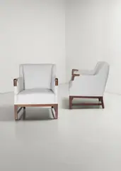 C.B. Hansen, Pair of armchairs, circa 1945, Brazilian rosewood, Brazilian rosewood-veneered wood, linen upholstery
