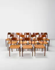 Niels Otto Møller, Set of 12 dining chairs, model no. 71, designed 1951, Brazilian rosewood-veneered wood, cane