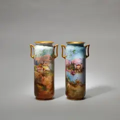 John Hugh Plant, for Royal Doulton, 1914, Porcelain, gilded handles, rim and foot, and painted with Italian lake landscapes