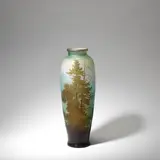 Double overlay 'Paysage' vase by Galle, circa 1910, Cameo glass, overlaid and acid-etched with a wooded alpine scene with a lake and mountains, sold Jun 2023