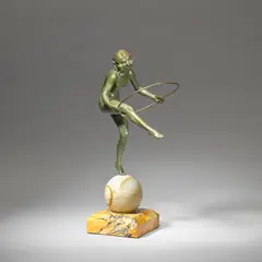 Aurore Onu, Hoop dancer, circa 1925, Cold-painted bronze, onyx ball with hole for electrical cable, marble plinth