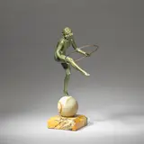 Aurore Onu, Hoop dancer, circa 1925, Cold-painted bronze, onyx ball with hole for electrical cable, marble plinth