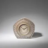 René Lalique, 'Dahlia' electric 'ATO' mantel clock, designed 1926, Clear and frosted glass with enamel highlights, original 'ATO' dial