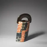 John Maltby, Vessel with crescent handle, circa 1990, Stoneware, layered blue, brown, matt red and craquelure cream glazes painted in an abstract design