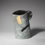 John Maltby, Vessel with handle, circa 1990, Stoneware, layered blue over black glazes with a trailed and painted abstract design