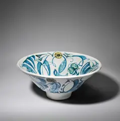 Alan Caiger-Smith, Large footed bowl, Glazed earthenware, blue and yellow stylised foliate design on white ground
