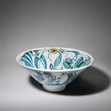 Alan Caiger-Smith, Large footed bowl, Glazed earthenware, blue and yellow stylised foliate design on white ground