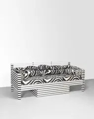Charles Jencks, Unique daybed with drawers, designed for the Cosmic House, London, circa 1997-1998, Painted wood, fabric cushions
