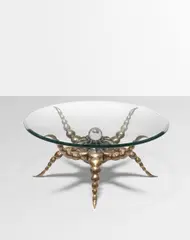 'Octopus' coffee table by Mark Brazier-Jones, 1993, Patinated and gilded bronze, copper and oxidised iron, iridescent glass, glass, offered Apr 2023