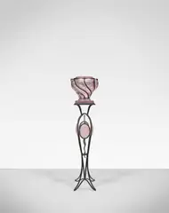 André Dubreuil, Monumental 'Chantilly' pedestal with vase, circa 1990, Patinated steel, internally decorated glass