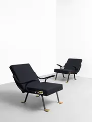 Ignazio Gardella, Pair of 'Digamma' adjustable armchairs, circa 1957, Fabric upholstery, painted steel, brass