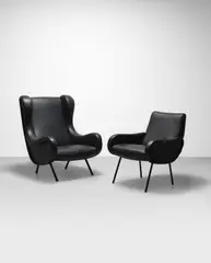 'Senior' and 'Baby' armchairs, designed 1951 by Marco Zanuso, Leather upholstery, painted metal, sold Apr 2023