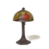 Handel, Chipped Ice 'Parrot' Boudoir Lamp, reverse-painted glass, patinated metal