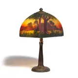 Handel, Landscape Table Lamp, reverse painted chipped ice glass, patinated metal, brass, shade collar stamped 'HANDEL Lamps PAT'D NO