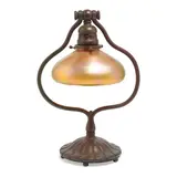 Tiffany Studios, Harp Desk Lamp, patinated bronze, iridescent glass shade, base stamped 'TIFFANY STUDIOS NEW YORK 419' on underside