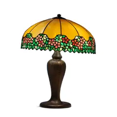 Table Lamp by Handel, slag glass, leaded glass, patinated metal, shade tag stamped 'HANDEL', base stamped 'HANDEL', sold Oct 2023