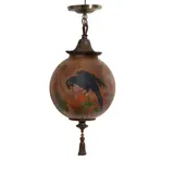 Handel, Parrot Globe Hanging Light, molded chipped ice glass, patinated metal, signed 'HANDEL' and numbered '6996 ED' along upper edge, patinated metal hardware